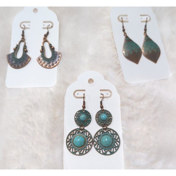 NEW - Lot of 3 Turquoise & Copper Color Metal Earrings boho dangle - Picture 2 of 8